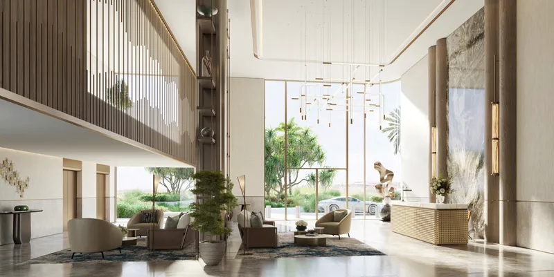 Render of a double-height lobby lounge at Waldorf Astoria Residences Yas with sofas, a reception desk and full-height glazing