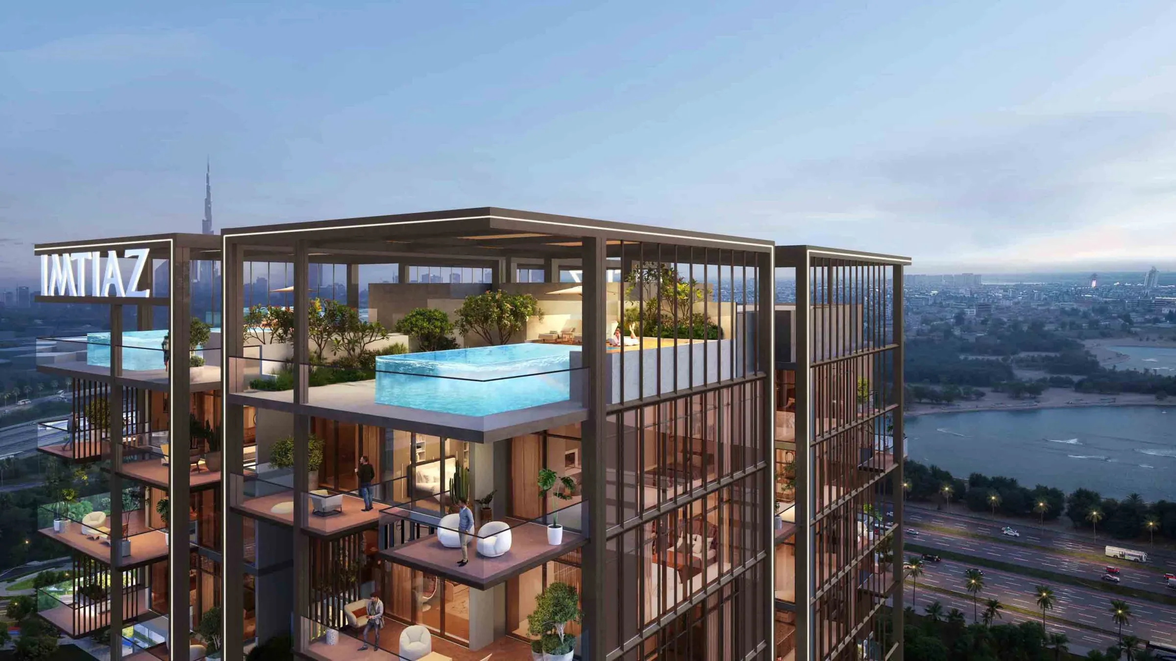 Rooftop pool at Wynwood Horizon by Imtiaz with the Dubai skyline