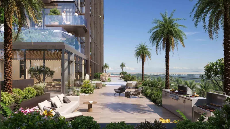 Podium terrace with barbecue and lounge at Wynwood Horizon by Imtiaz