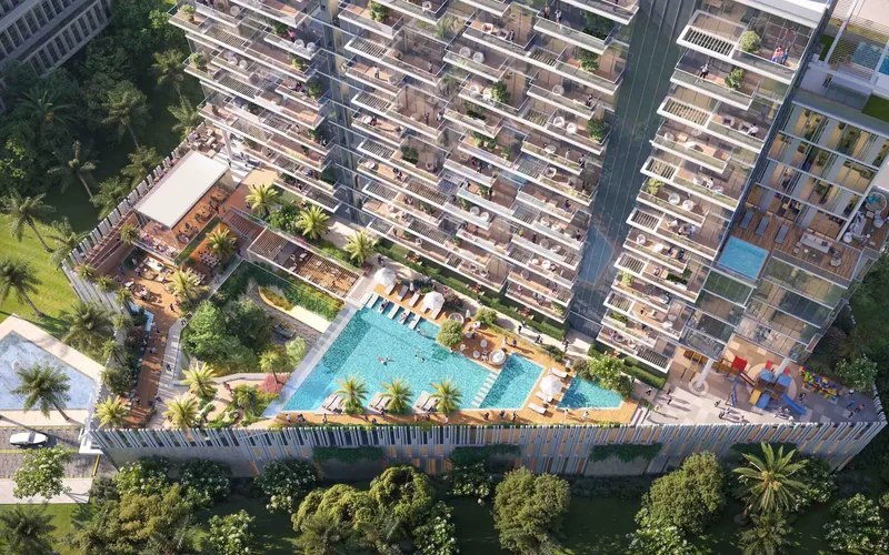 Aerial view of the pool deck and green podium at Wynwood by Imtiaz