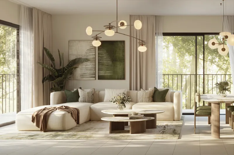 Render of a Yas Park Place living room with a cream corner sofa, round pendant lights and balcony doors onto trees