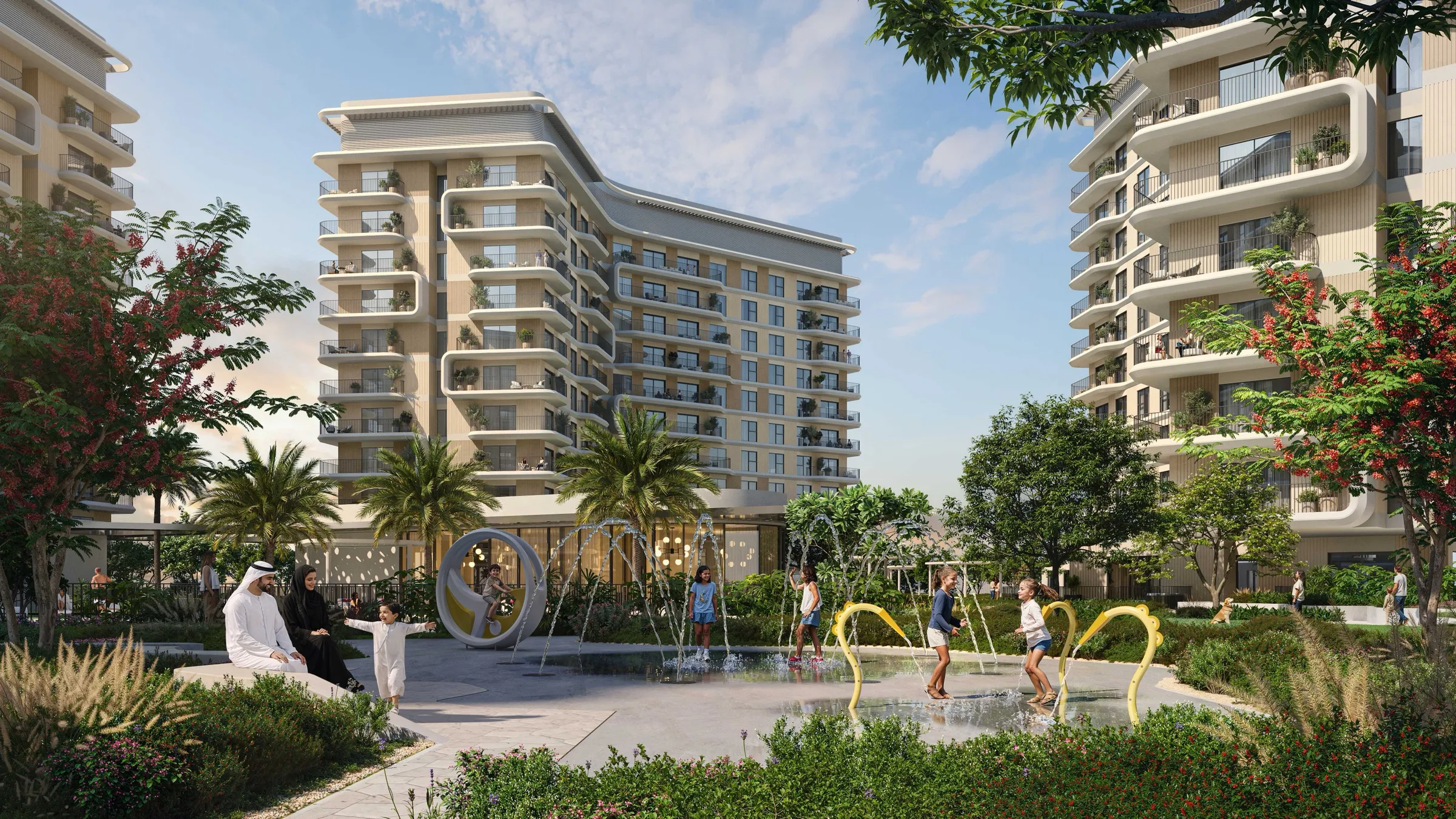 Render of Yas Park Place mid-rise apartment buildings with curved balconies around a landscaped splash garden, Yas Island