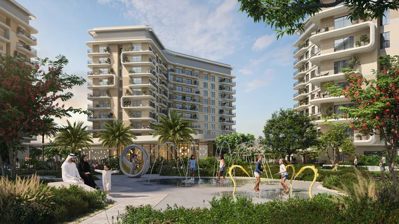 Render of Yas Park Place mid-rise apartment buildings with curved balconies around a landscaped splash garden, Yas Island