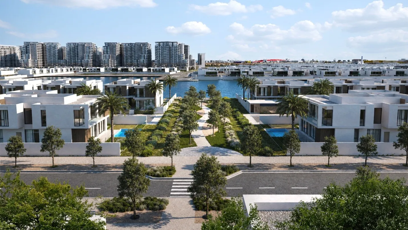 Render of Yas Riva Reserve villas with private pools either side of a linear park leading to the waterway, Yas Island