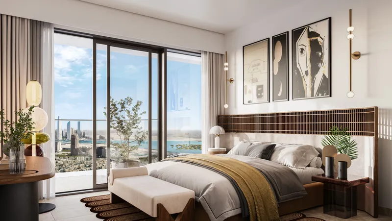 Interior render of an Address Residences Zabeel bedroom opening to a balcony