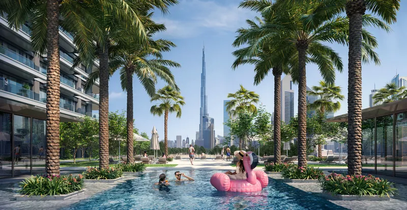 Render of residents in the Central Vista Pool at Address Residences Zabeel, framed by palm trees with Burj Khalifa beyond