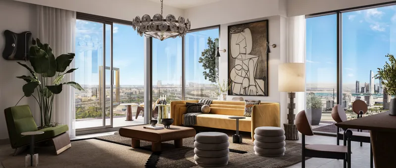 Interior render of an Address Residences Zabeel living room with floor-to-ceiling windows and city views