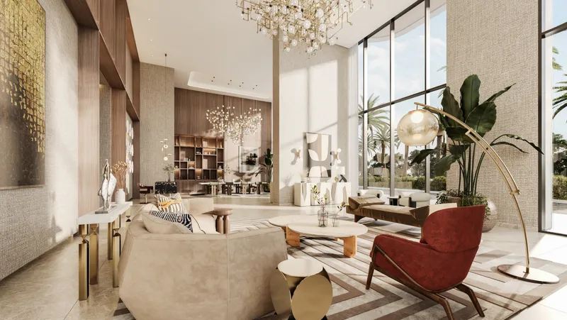 Interior render of the Address Residences Zabeel lobby with chandeliers and double-height glazing