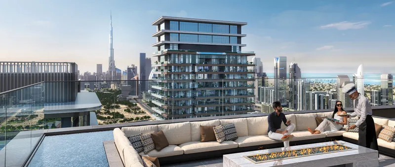 Render of a penthouse terrace at Address Residences Zabeel with a private pool, fire table and skyline views