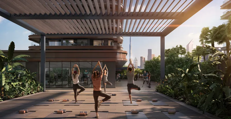 Render of a yoga class on the shaded yoga deck at Address Residences Zabeel