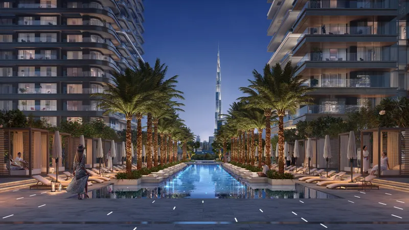 Render of a palm-lined pool between the Address Residences Zabeel towers at dusk, with Burj Khalifa in the distance