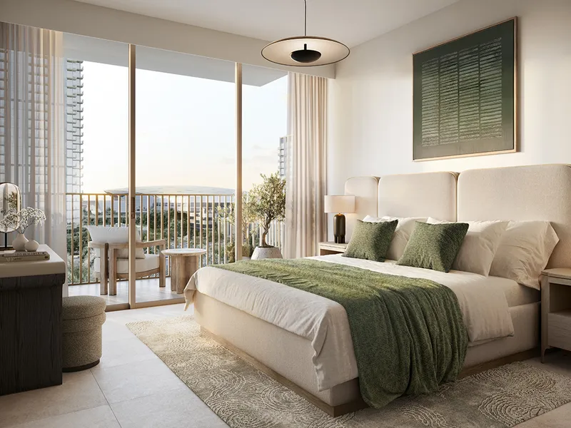 Interior render of an Aeon bedroom with a balcony