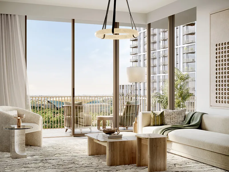 Interior render of an Aeon living room opening onto a balcony
