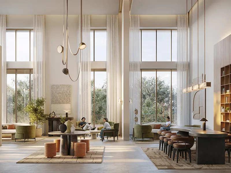 Interior render of the double-height Aeon lobby lounge