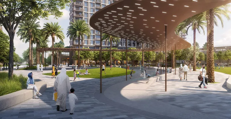 Render of the shaded canopy and paved plaza next to Aeon