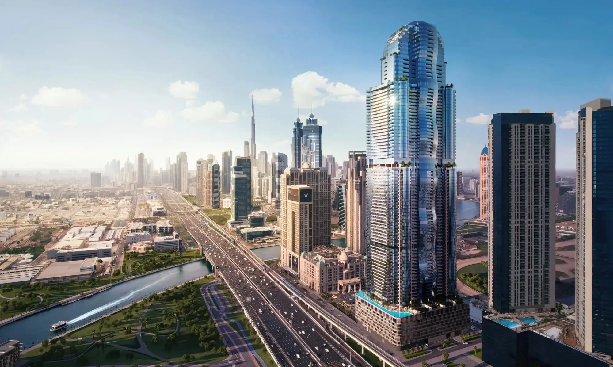 Aerial view of Al Habtoor Tower rising above Sheikh Zayed Road with the Downtown Dubai skyline behind