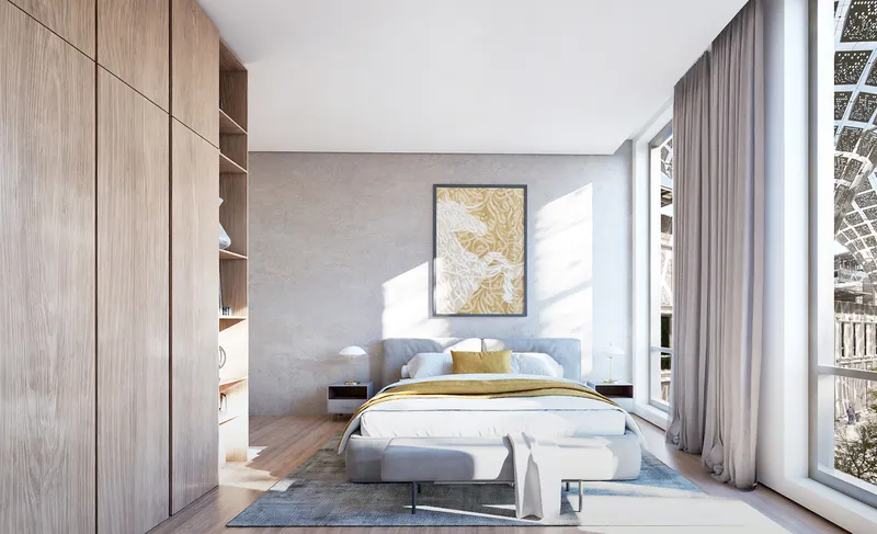 Render of a bedroom at Al Waha Residences with built-in wardrobes