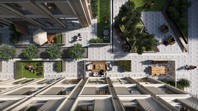 Render looking down on the landscaped courtyards between Al Waha Residences buildings