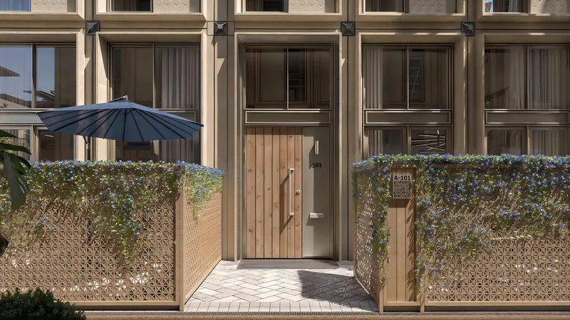 Render of a ground floor home entrance at Al Waha Residences with a planted screen
