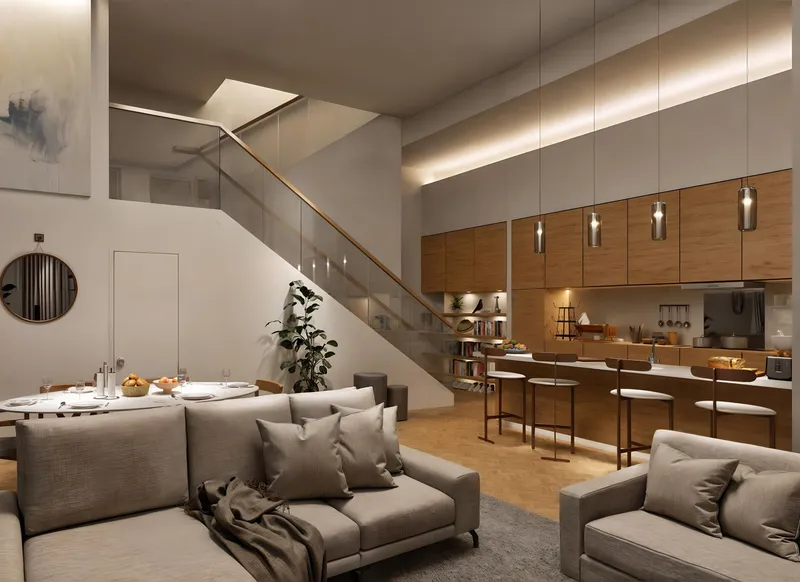 Render of a two bedroom loft at Al Waha Residences with a staircase, kitchen and living area