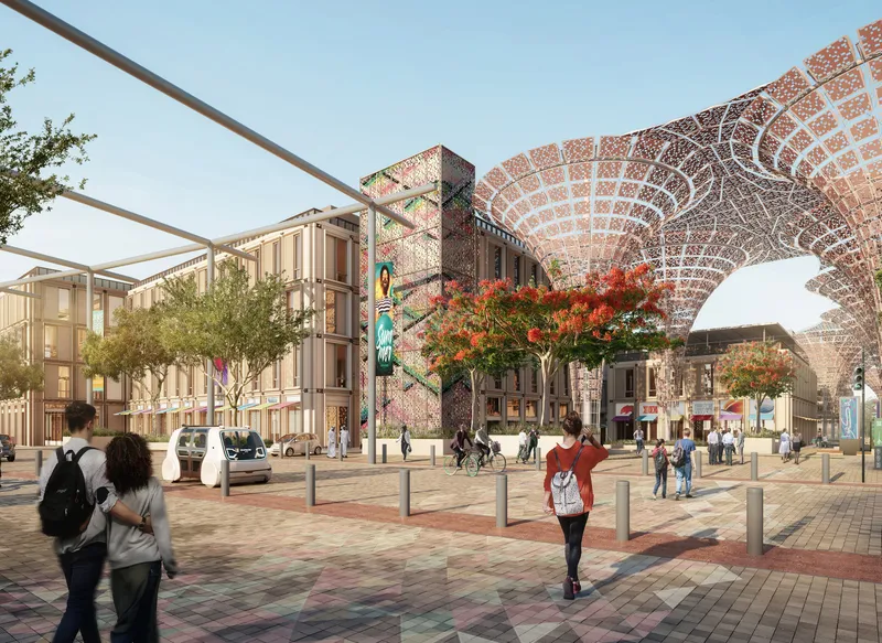 Render of a pedestrian street beside Al Waha Residences under the Al Waha canopies