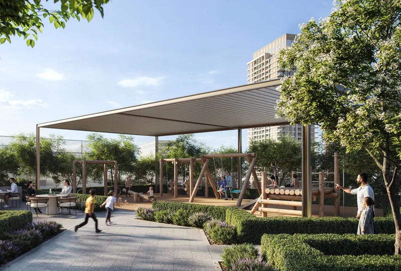 Render of the shaded children's play area at Albero