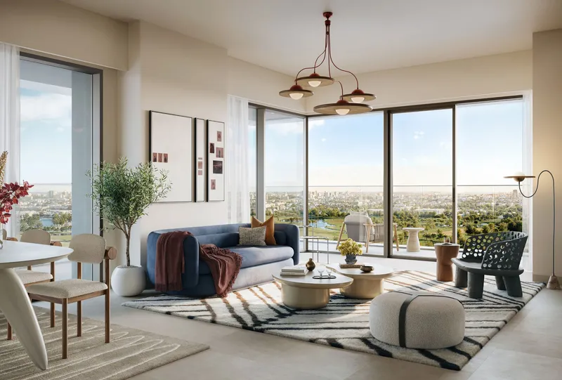 Interior render of an Albero apartment living room with full-height windows