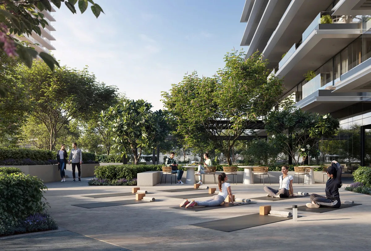 Render of residents practising yoga on the outdoor deck beside the Albero building