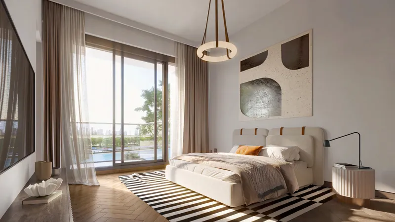 Render of a bedroom at Alder with full-height windows opening onto a balcony