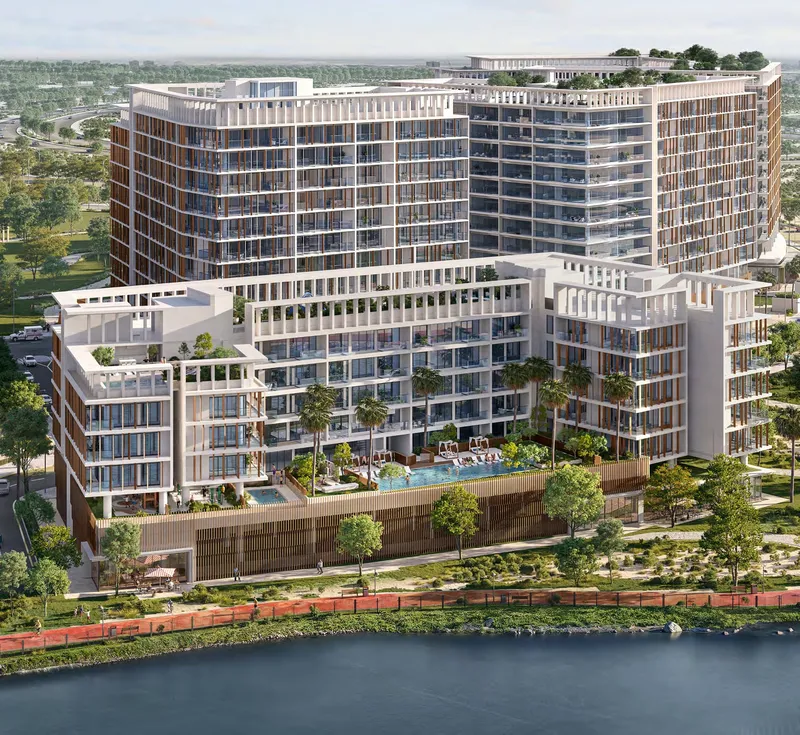 Aerial render of Alder at ParkFive with its podium gardens beside the lake