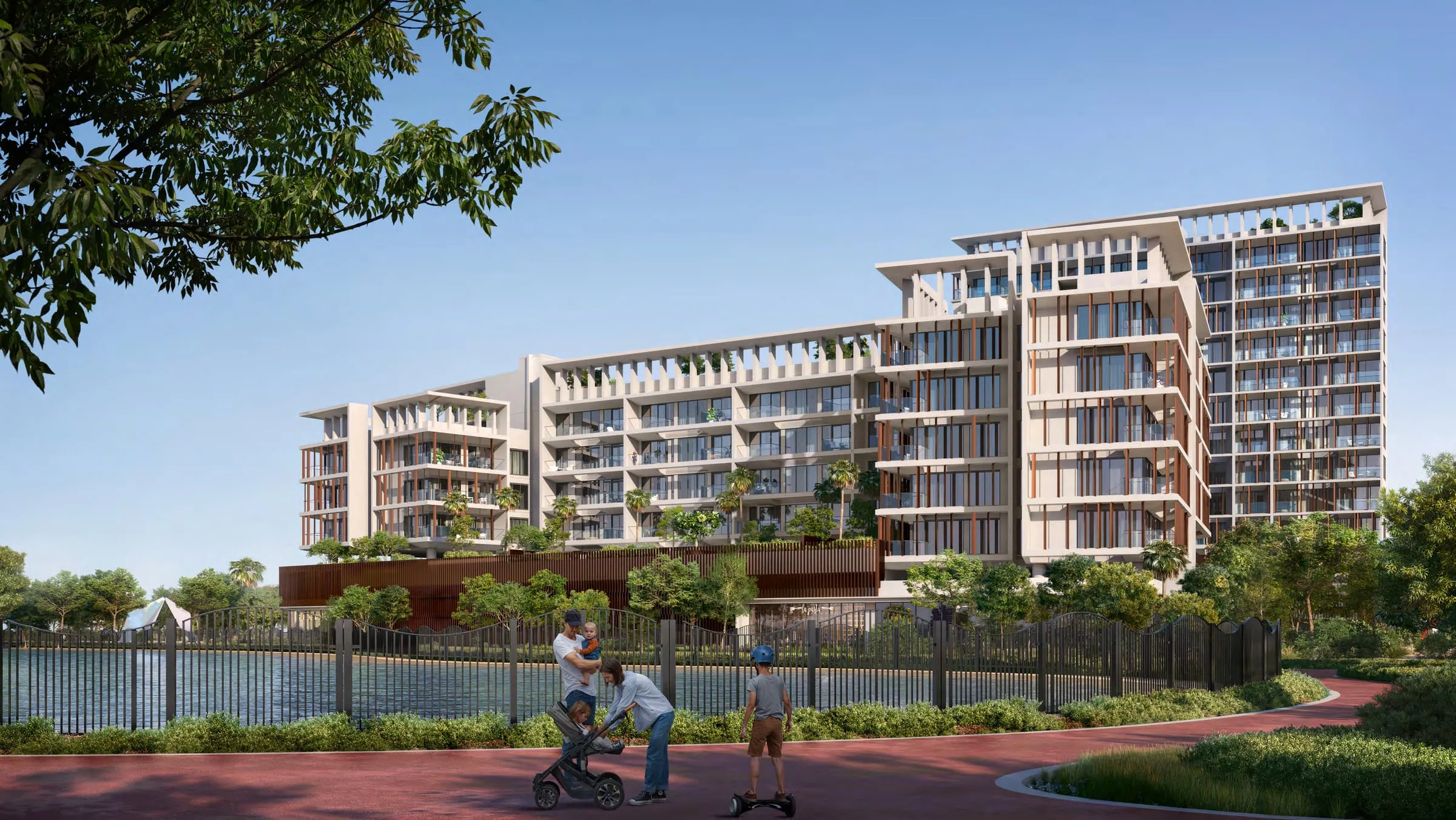 Render of the Alder building at ParkFive seen across the lake path, with landscaped terraces