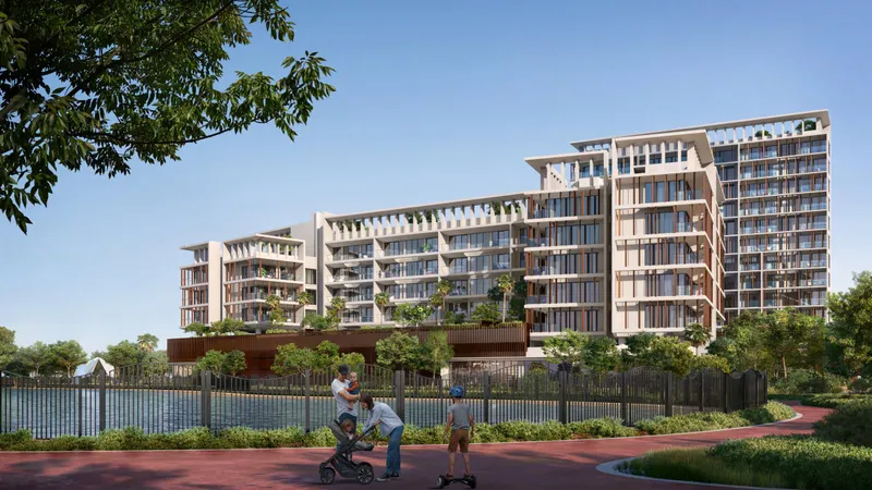 Render of the Alder building at ParkFive seen across the lake path, with landscaped terraces