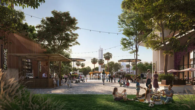 Render of a shaded sikka walkway with cafe seating and lawns at ParkFive