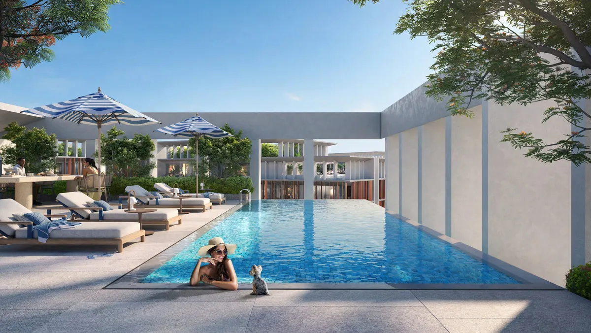 Render of the podium swimming pool and sun loungers at Alder