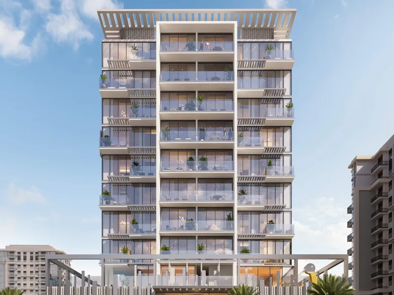 Front elevation of Allegro Residences with glass balconies on each floor