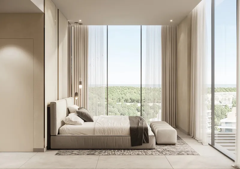 Bedroom with full-height windows and sheer curtains at Allegro Residences