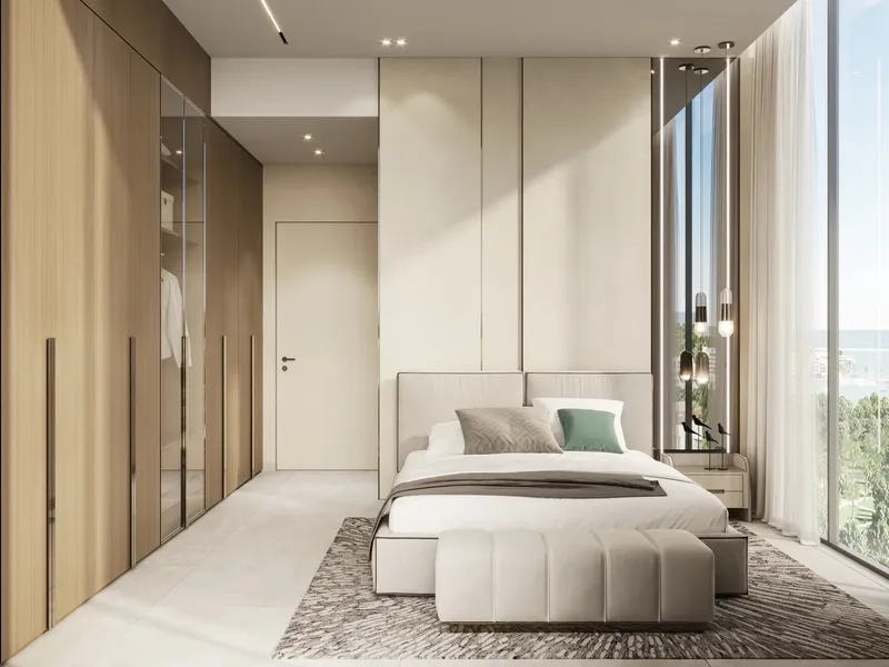Bedroom with timber wall panelling and built-in wardrobes at Allegro Residences