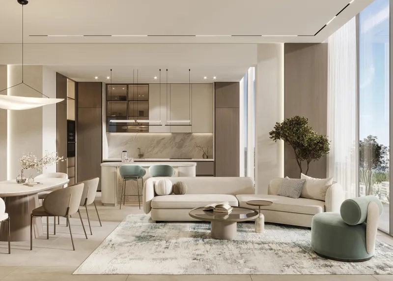 Open-plan living and dining room with a kitchen and full-height windows at Allegro Residences