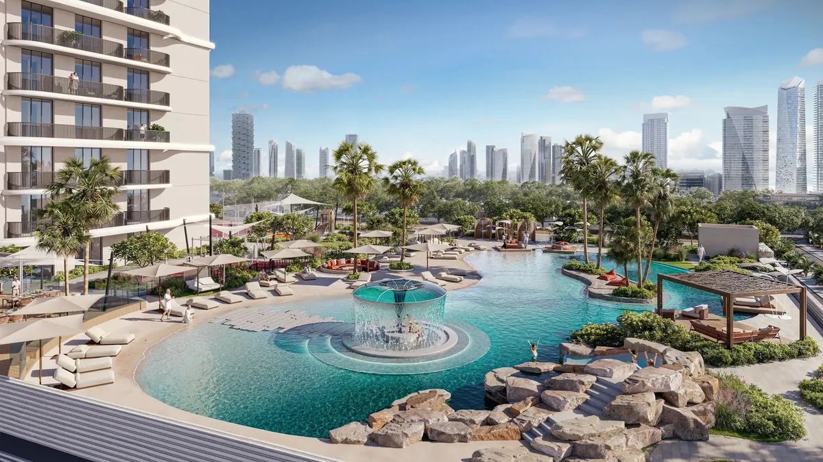 Lagoon-style pool deck on the podium of ALTA V1EW Skyhomes
