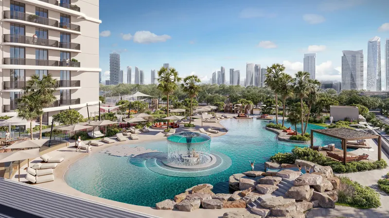 Lagoon-style pool deck on the podium of ALTA V1EW Skyhomes