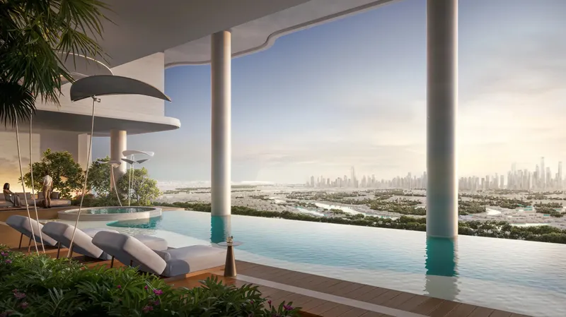 Upper-level swimming pool with skyline views at ALTA V1EW Skyhomes