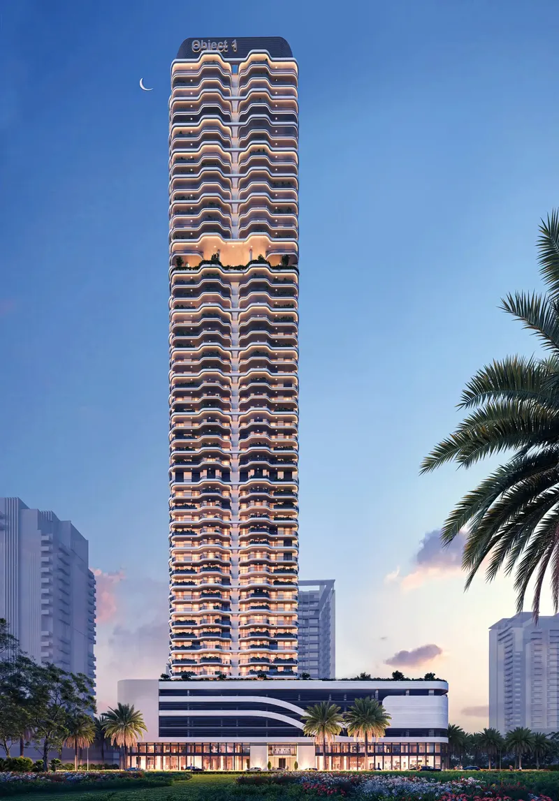ALTA V1EW Skyhomes tower in Jumeirah Village Circle at dusk