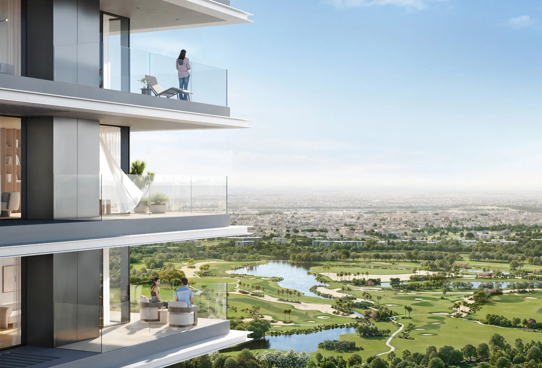 Render of Altan balconies looking out over the golf course and the city beyond