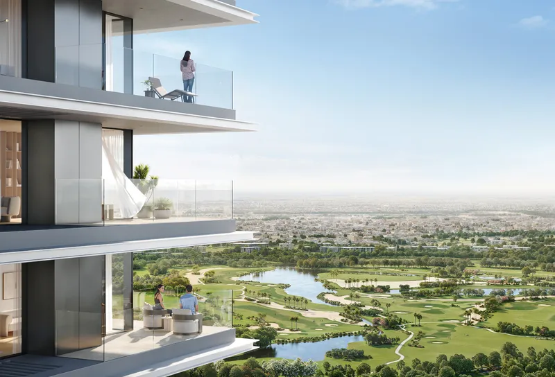 Render of Altan balconies looking out over the golf course and the city beyond