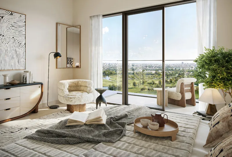 Interior render of an Altan bedroom opening to a balcony over the golf course