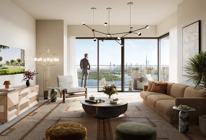 Interior render of an Altan apartment living room with full-height windows and skyline views