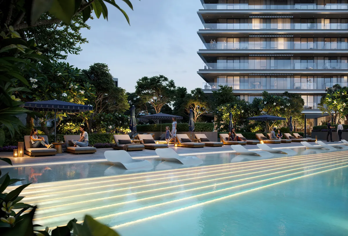 Render of the Altan swimming pool at dusk with loungers and the building behind