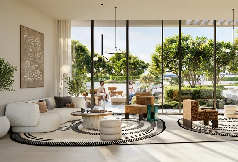 Interior render of an Altan townhouse living room opening to a garden terrace