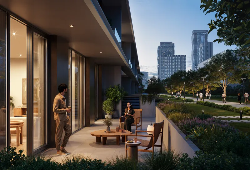 Render of a park-facing townhouse terrace at Altan in the evening