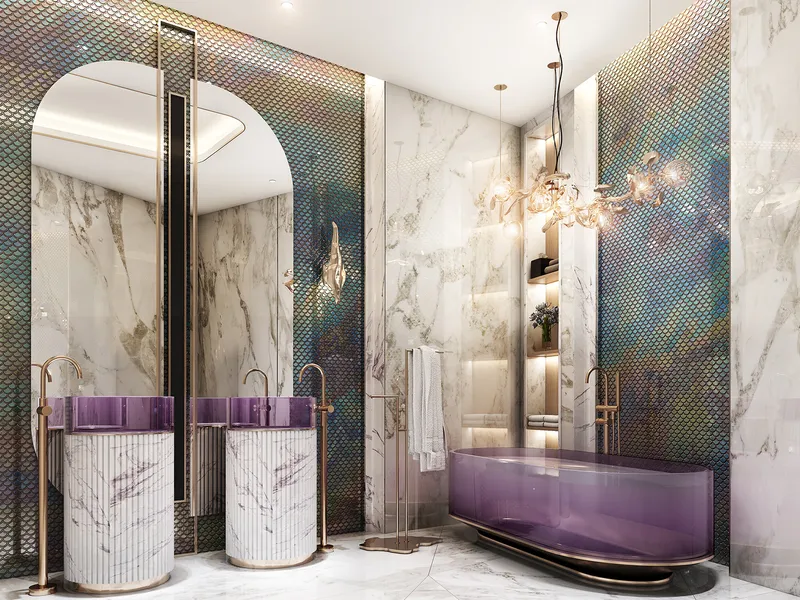 Marble bathroom at Altitude de GRISOGONO with a violet glass bath and twin basins
